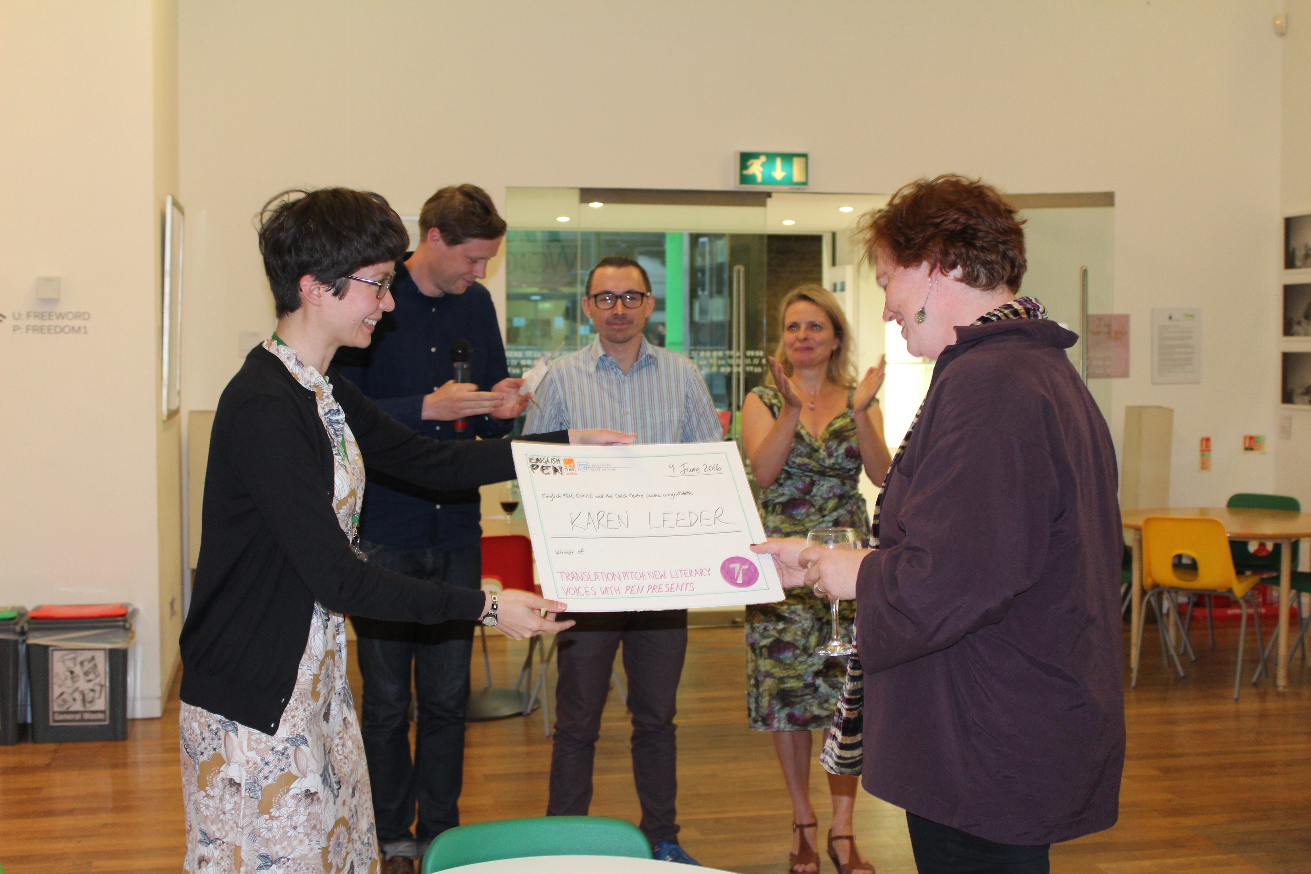 Karen Leeder with EricaJJarnes of English PEN, and judges Max Porter, Meike Ziervogel and Stefan Tober Karen Leeder with Erica Jarnes of English PEN, and judges Max Porter, Meike Ziervogel and Stefan Tober